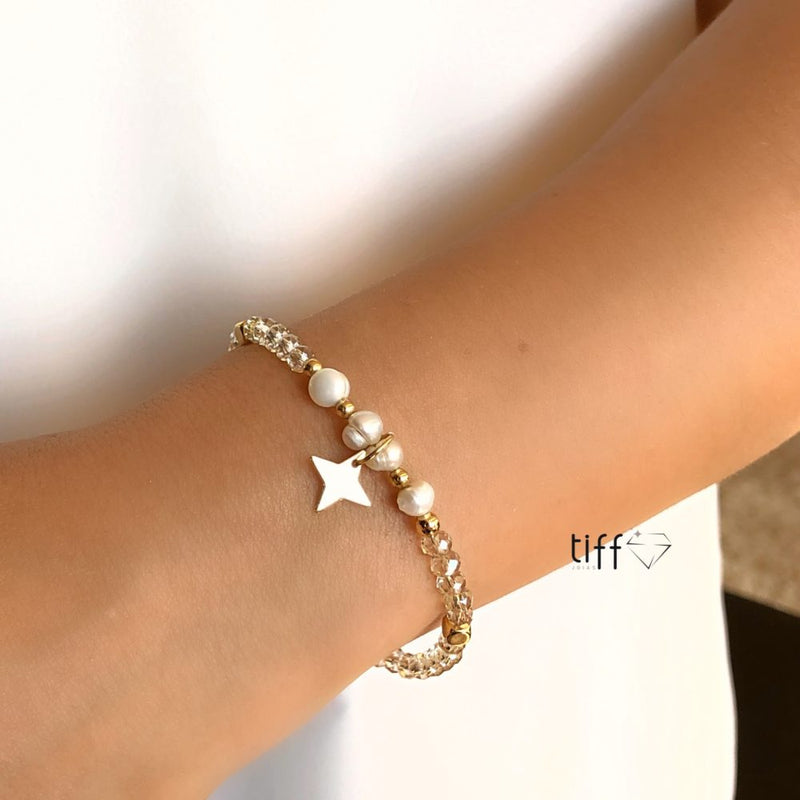 Pulseira Cristais Champagne Com Pérola Água Doce E Estrela