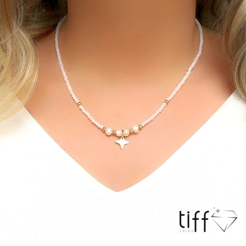 Colar em banho ouro 18k cristais creme com pérola água doce e estrela