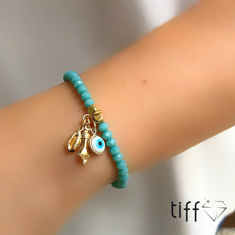 Pulseira Cristais Azul Turquesa Com Pingentes Búzio, Figa E Olho Grego