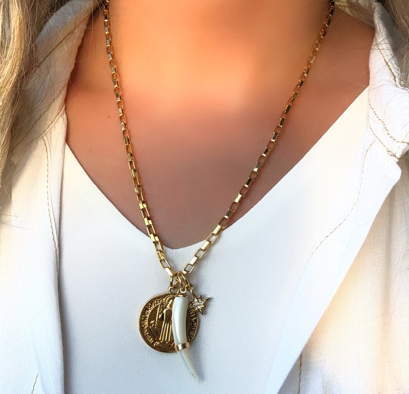 Colar Elos Com Pingente Medalha São Bento, Estrela Cravejada E Dente Madrepérola