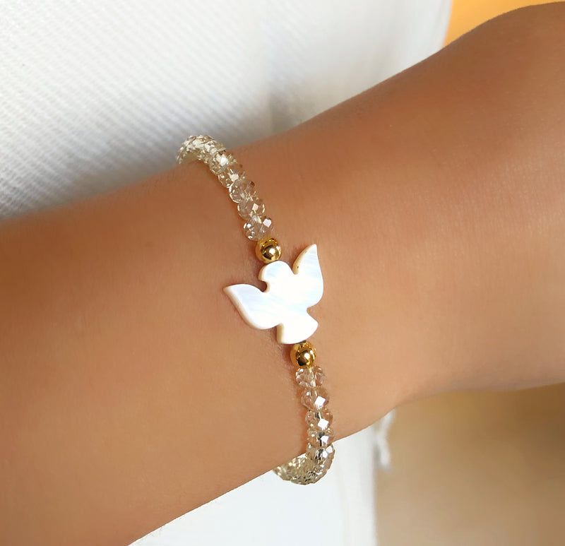 Pulseira Cristais Champagne Com Espírito Santo Madrepérola E Detalhes Em Bolinhas