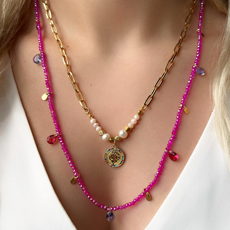 Mix de colares cristais pink com pedras lapidadas e mini gotas