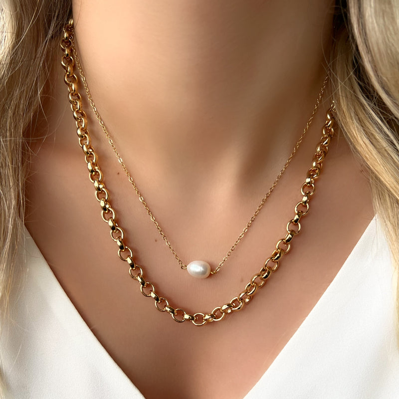 Mix de colares corrente cadeado e pérola de água doce