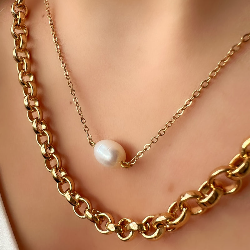 Mix de colares corrente cadeado e pérola de água doce
