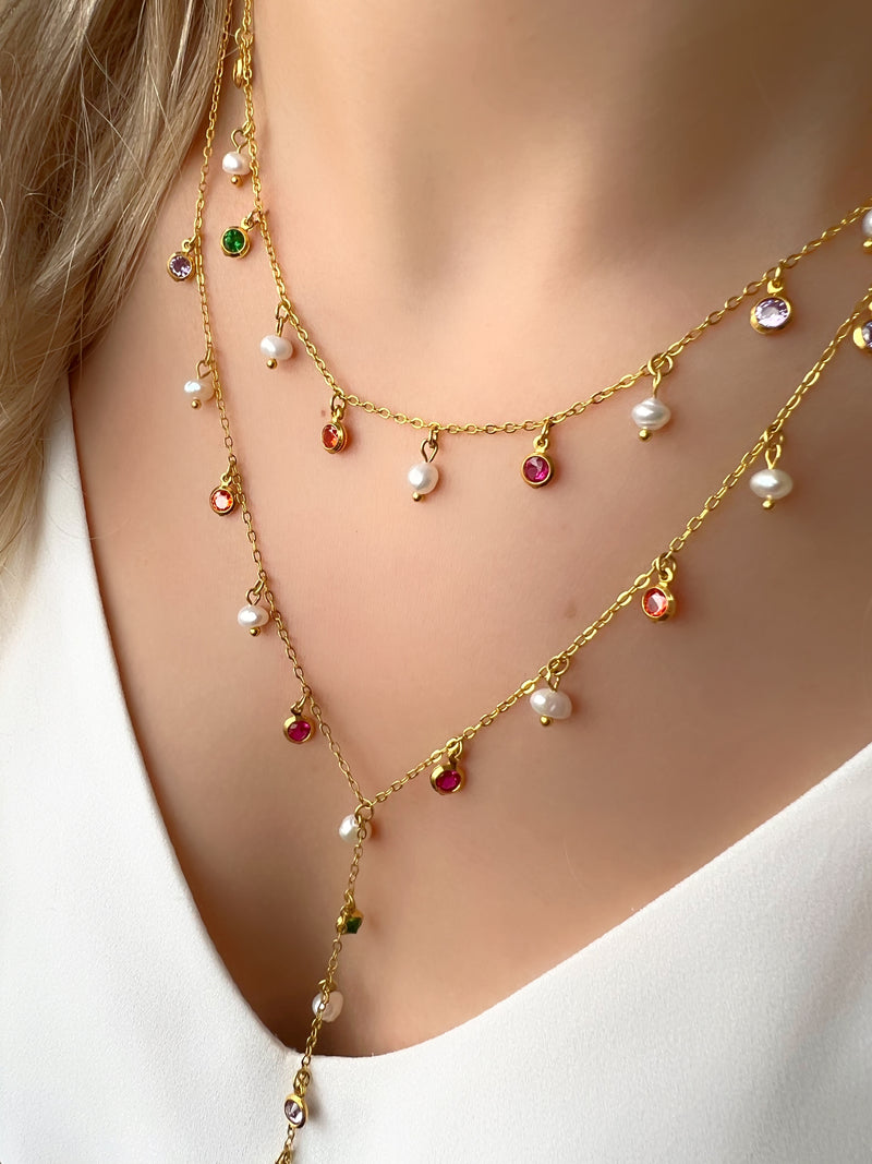 Mix De Choker E Gravata Mini Zircônias Coloridas E Pérolas De Água Doce