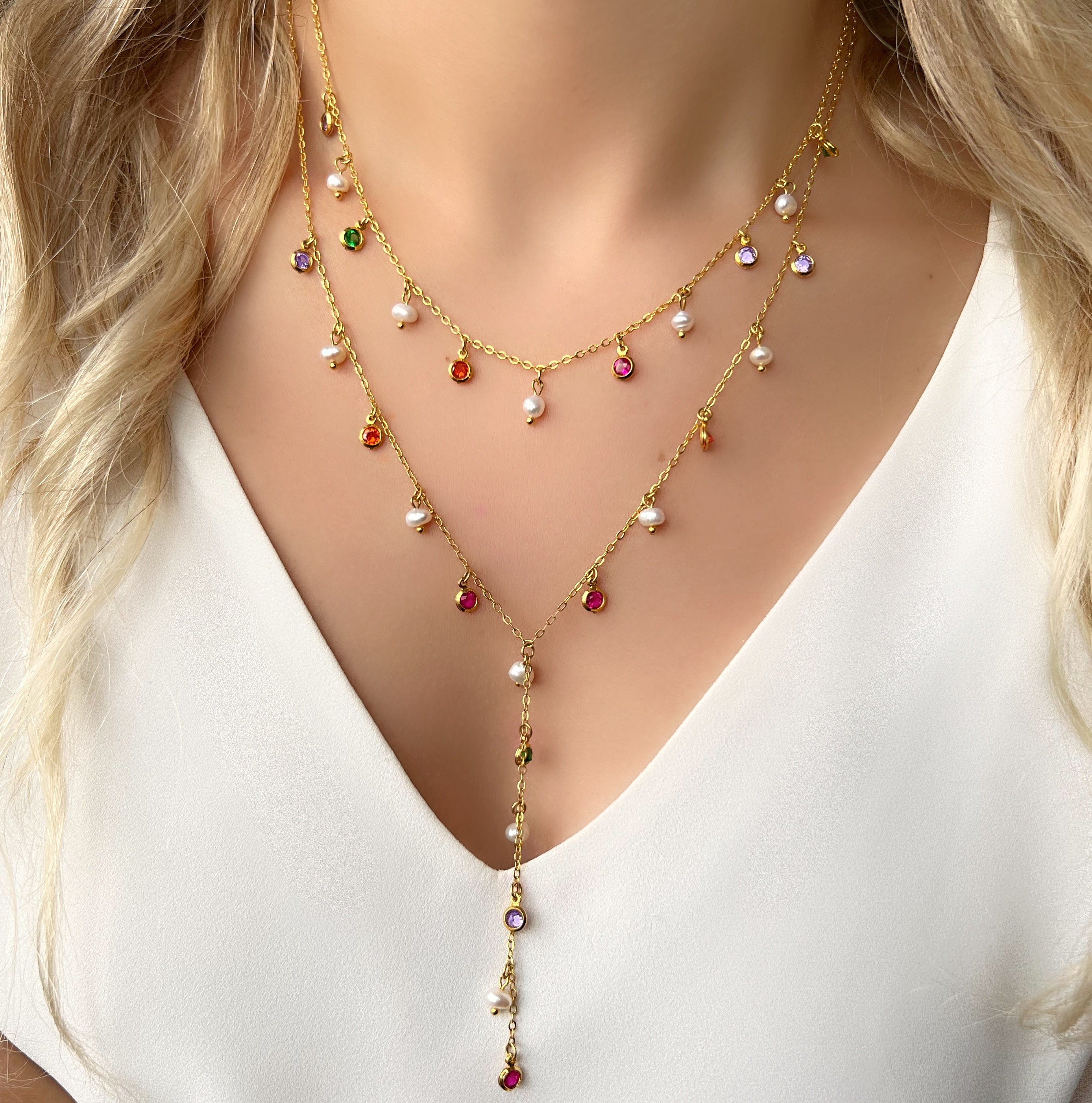 Mix De Choker E Gravata Mini Zircônias Coloridas E Pérolas De Água Doce