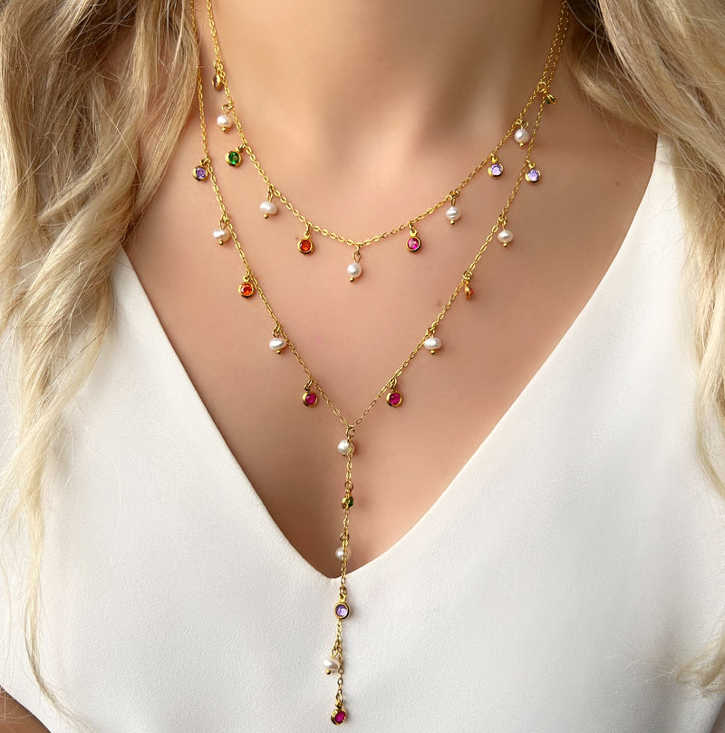 Mix De Choker E Gravata Mini Zircônias Coloridas E Pérolas De Água Doce