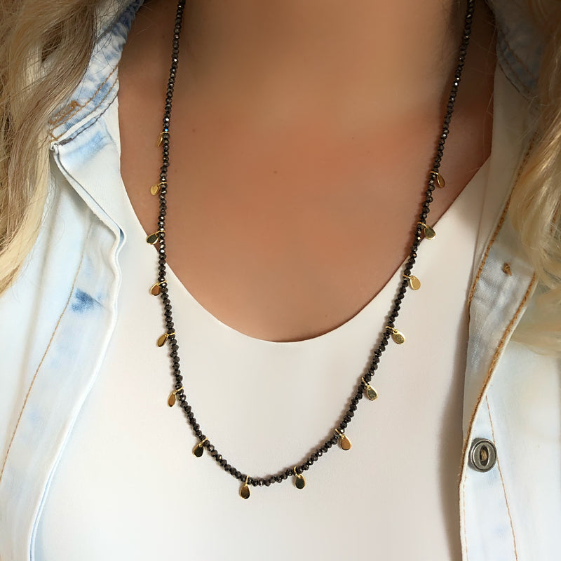 Colar Cristais Grafite Com Mini Gotas 60 cm