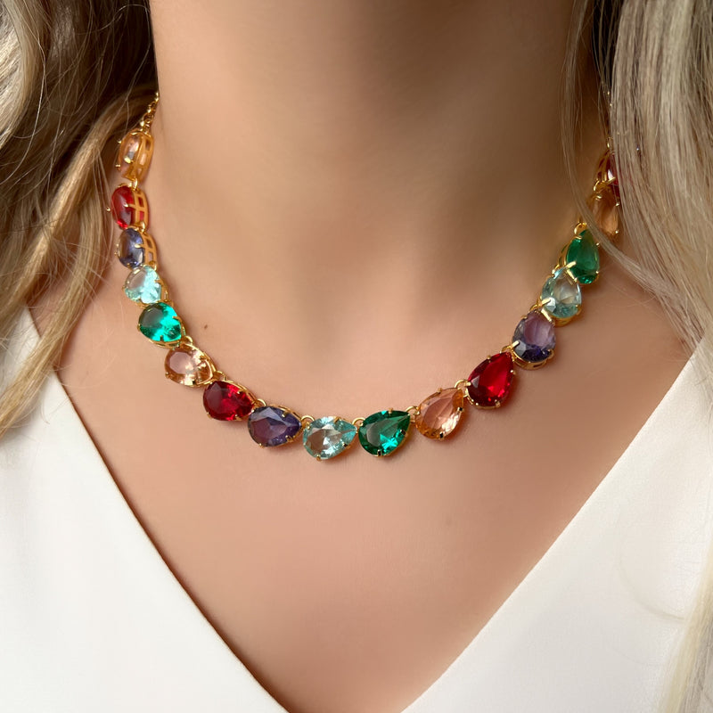 Colar Riviera Gotas Cores Tanzanita, Rubelita, Morganita, Turmalina Paraíba E Água Marinha Com Corrente Mini Portuguesa 40cm