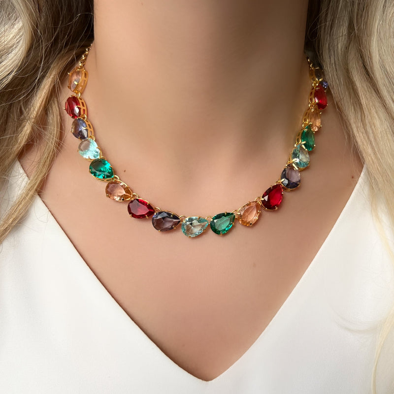 Colar Riviera Gotas Cores Tanzanita, Rubelita, Morganita, Turmalina Paraíba E Água Marinha Com Corrente Mini Portuguesa 40cm