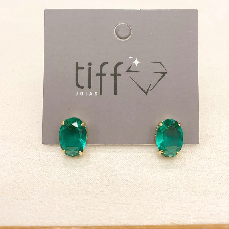 Par De Brincos Oval Cristal Lapidado Cor Turmalina Paraíba