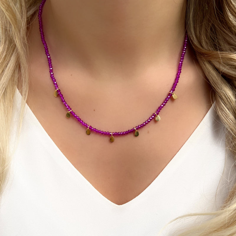 Colar Cristais Cor Pink Com Mini Gotas