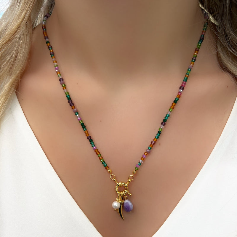 Colar Cristais Tons Roxo Com Pérola Água Doce, Dente E Pedra Ametista