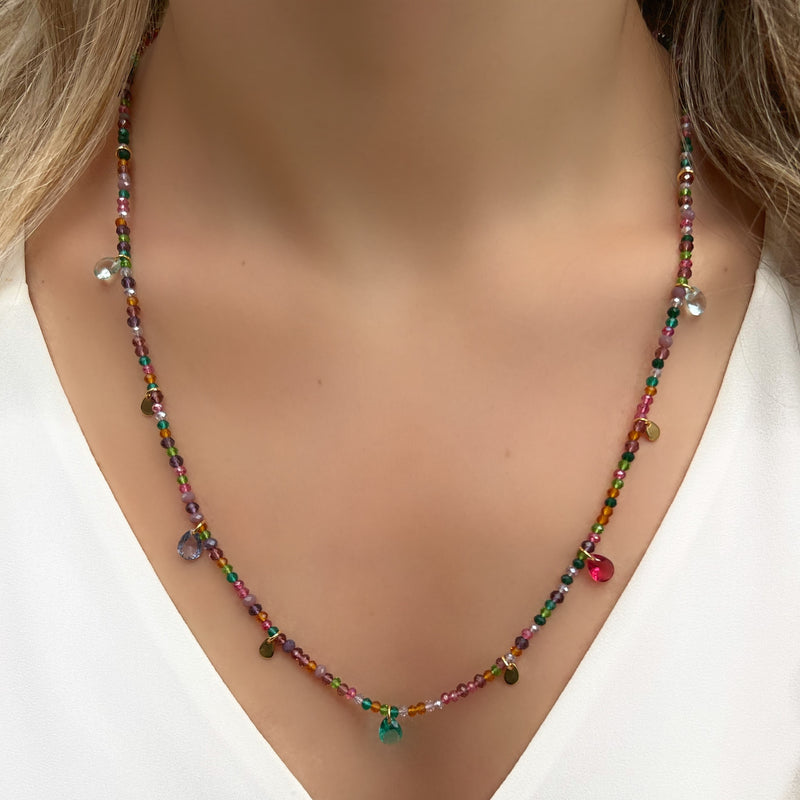 Colar Cristais Tons Roxo Com Gotas Cristais Lapidados Coloridos E Mini Gotas