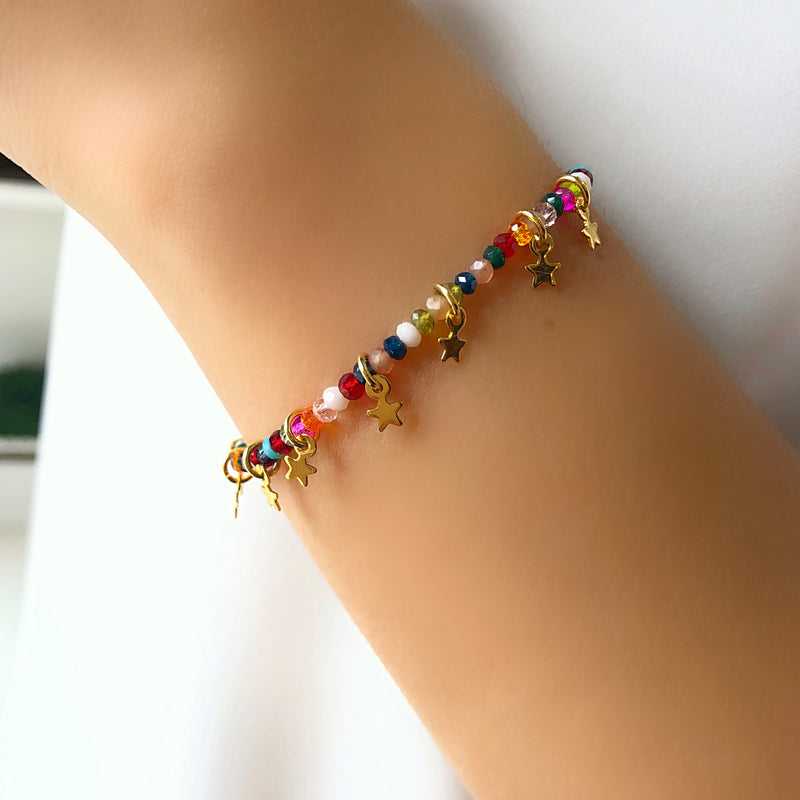 Pulseira Cristais Coloridos Com Mini Estrelas