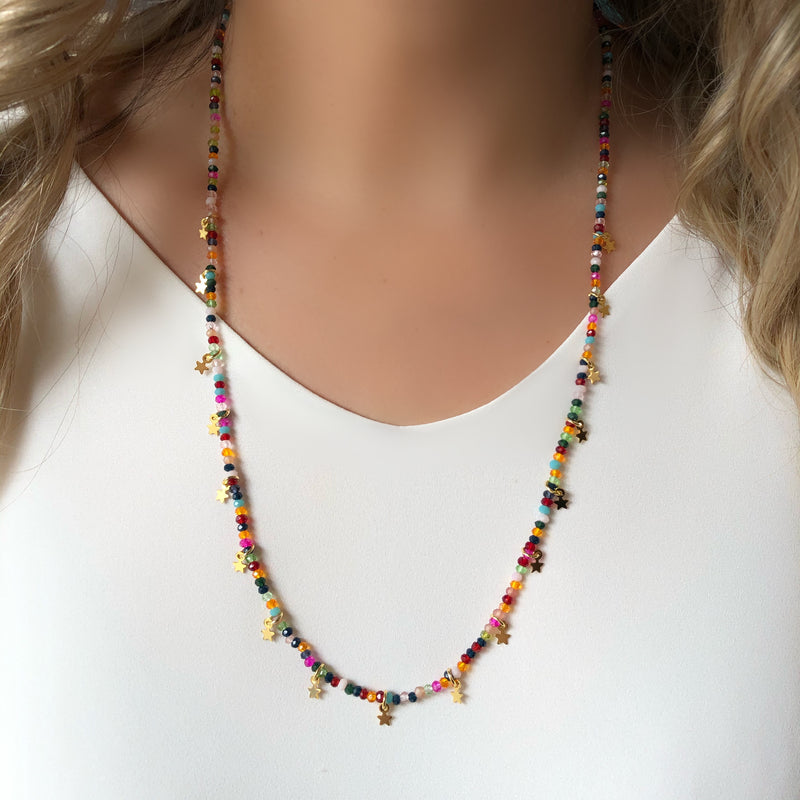 Colar Cristais Coloridos Com Mini Estrelas 60 cm