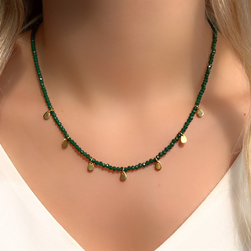 Colar Cristais Cor Esmeralda Com Mini Gotas