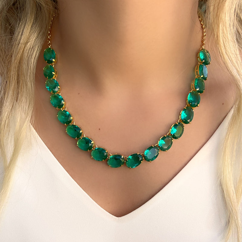 Colar Riviera Ovais Cor Turmalina Paraíba E Corrente Mini Portuguesa 40cm