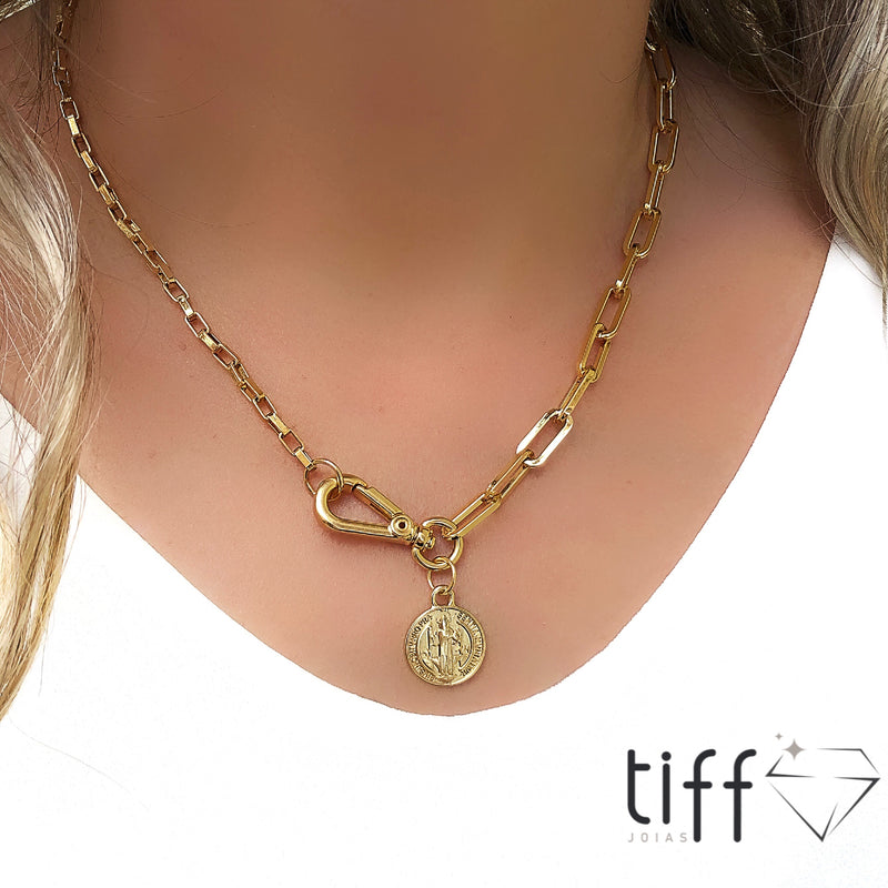 Colar Corrente Elos Duo Fina E Medalha São Bento