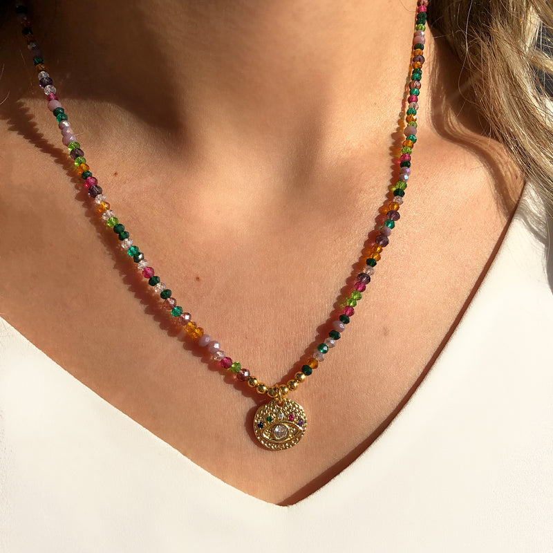 Colar Cristais Coloridos Mix Coloridos Tons Roxos E Medalha Olho Grego 40cm