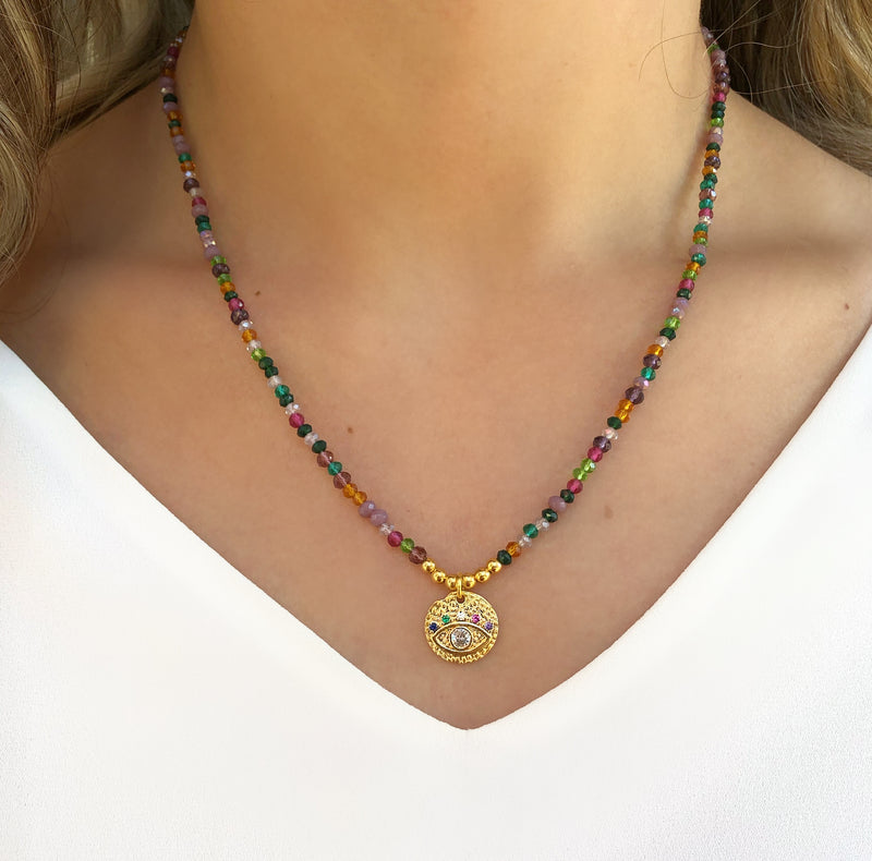 Colar Cristais Coloridos Mix Coloridos Tons Roxos E Medalha Olho Grego 40cm
