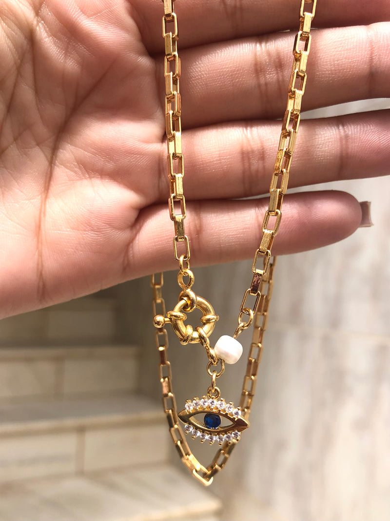 Colar Corrente Elos E Olho Grego Cravejado Com Microzircônias