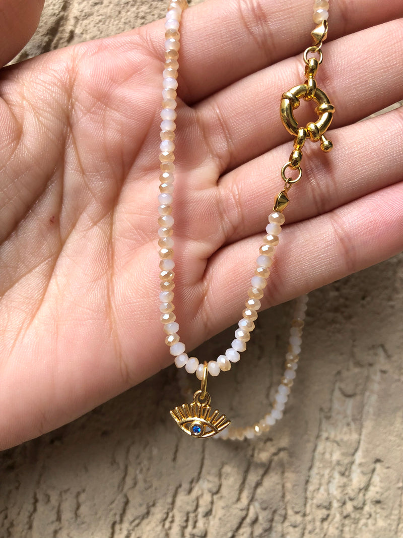 Colar Mini Olho Grego E Cristais Perolado 45cm