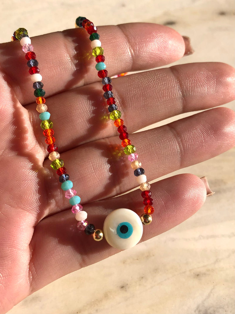 Colar Cristais Coloridos E Olho Grego Madrepérola