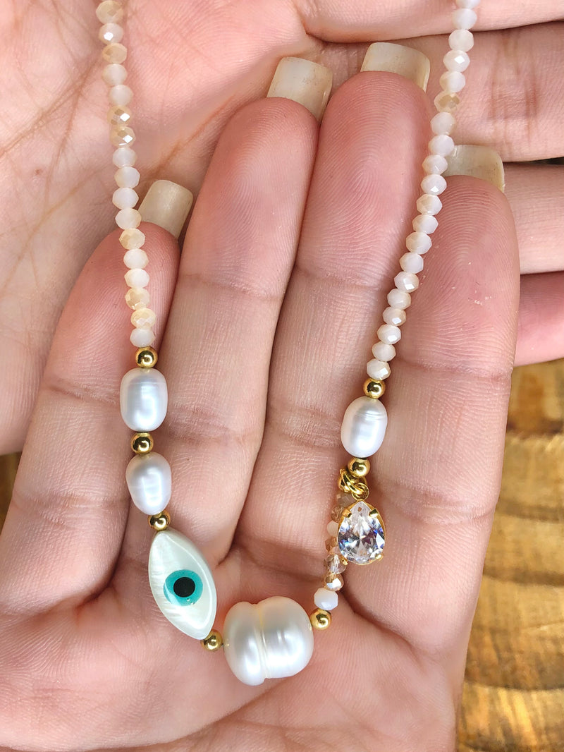 Colar Laura Perolado Com Olho Grego Madrepérola E Pérolas