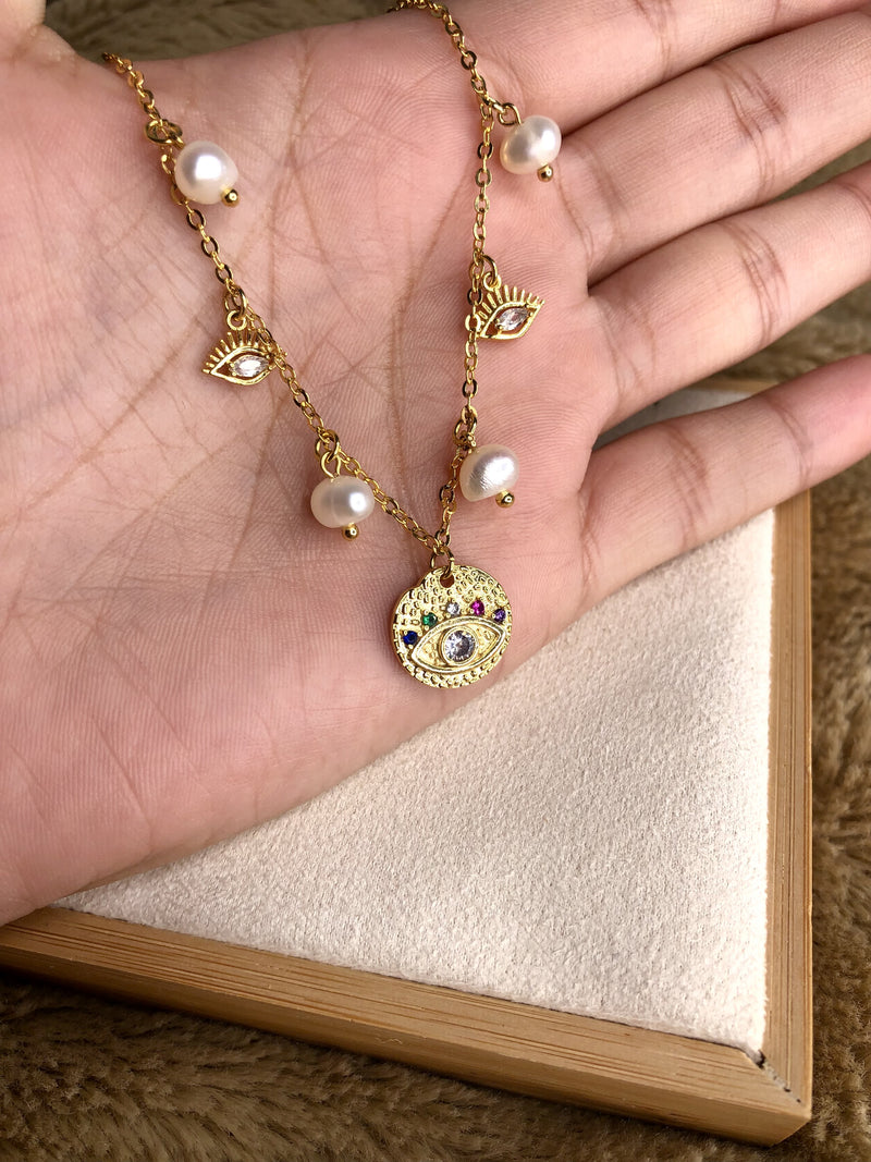 Colar Alice Pérolas E Olho Grego