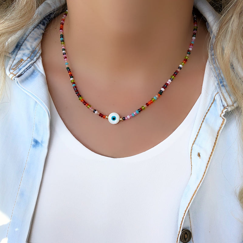 Colar Cristais Coloridos E Olho Grego Madrepérola