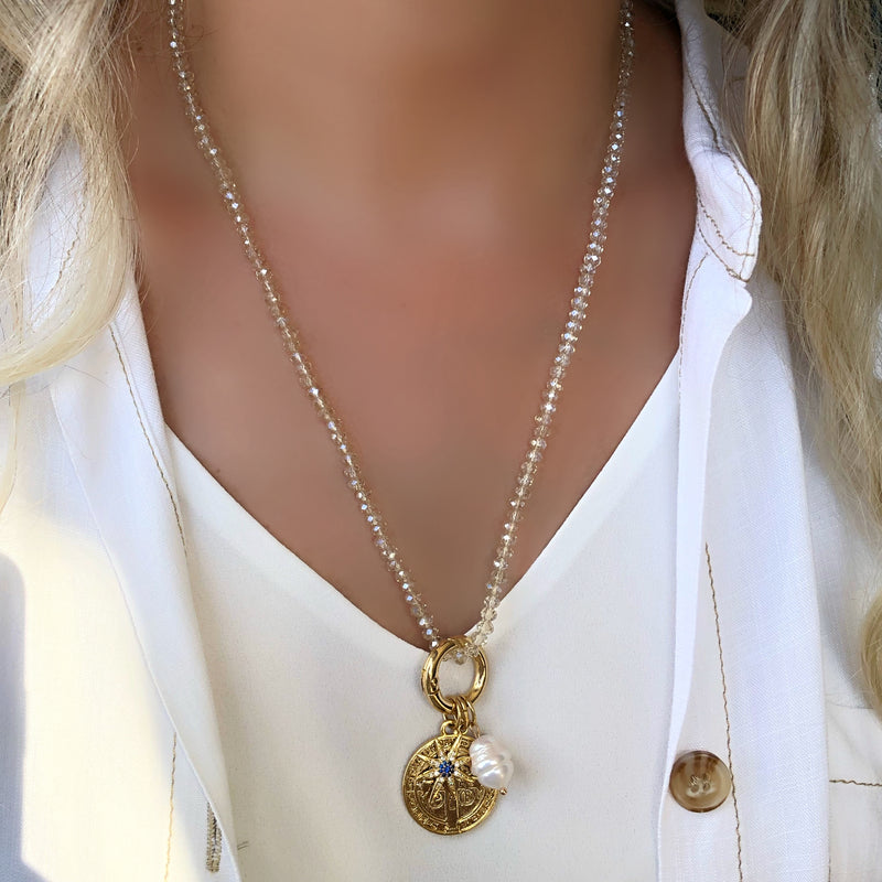 Colar Cristais Champagne, Fecho Redondo, Medalha São Bento, Estrela Cravejada E Pérola Água Doce