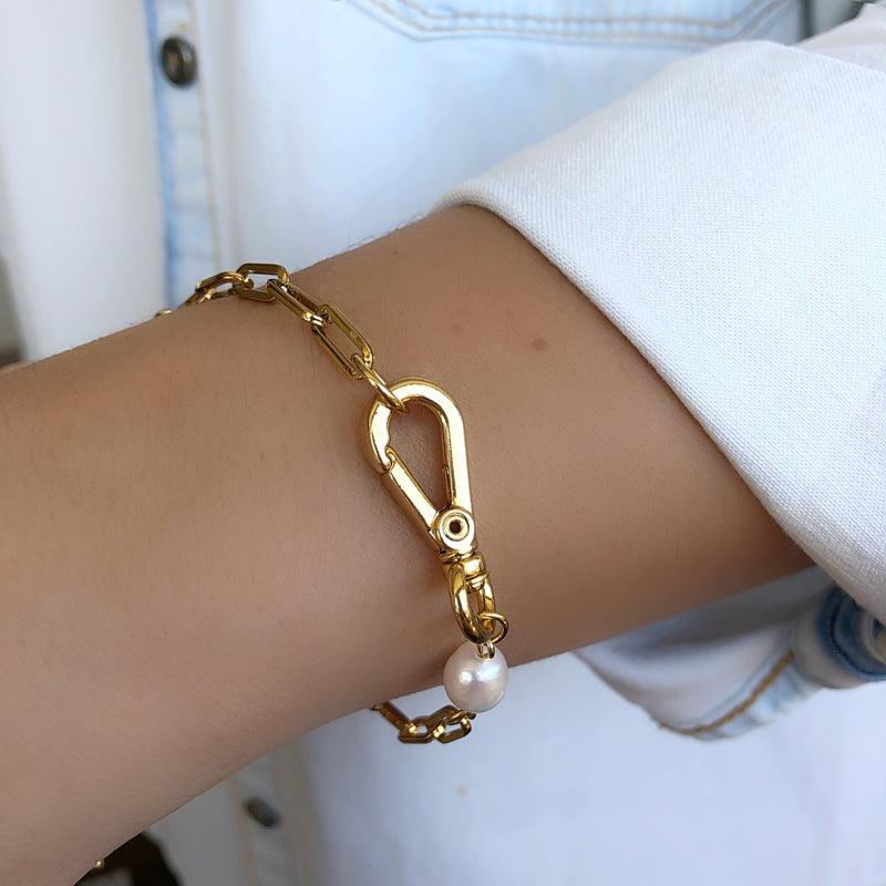 Pulseira Corrente Corrente Elos Com Fecho Chaveiro E Pérola Água Doce