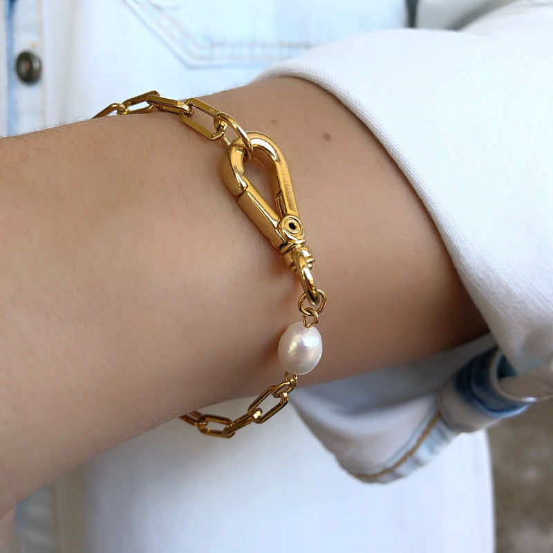 Pulseira Corrente Corrente Elos Com Fecho Chaveiro E Pérola Água Doce