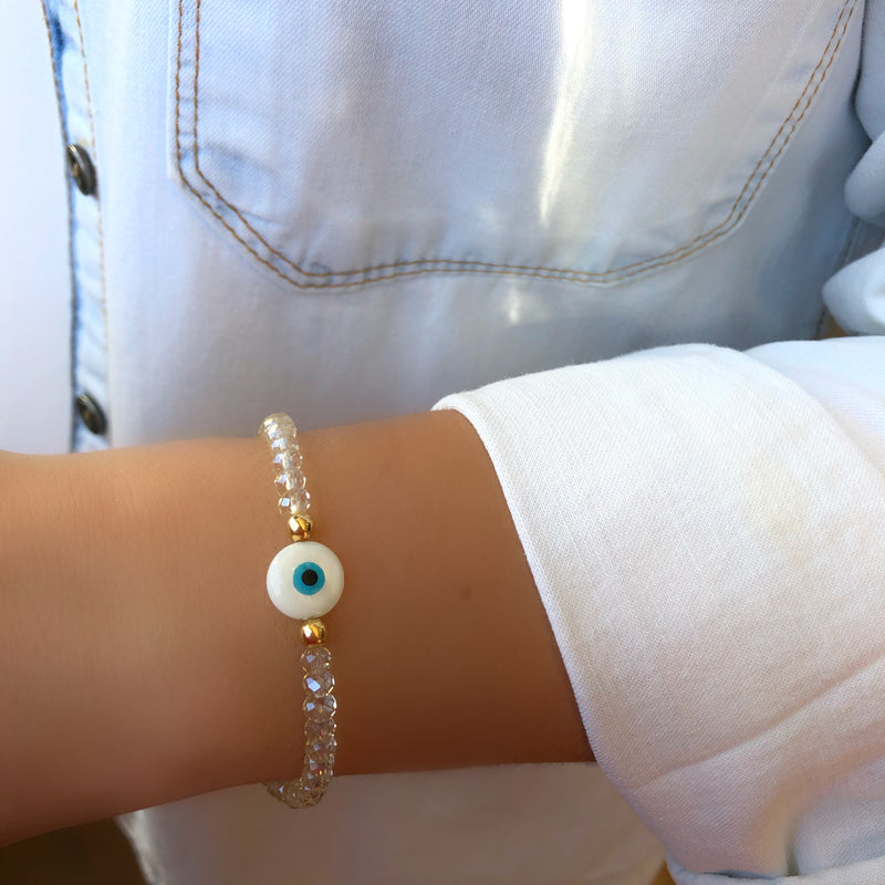 Pulseira Cristais Champagne Com Olho Madrepérola E Detalhes Em Bolinhas