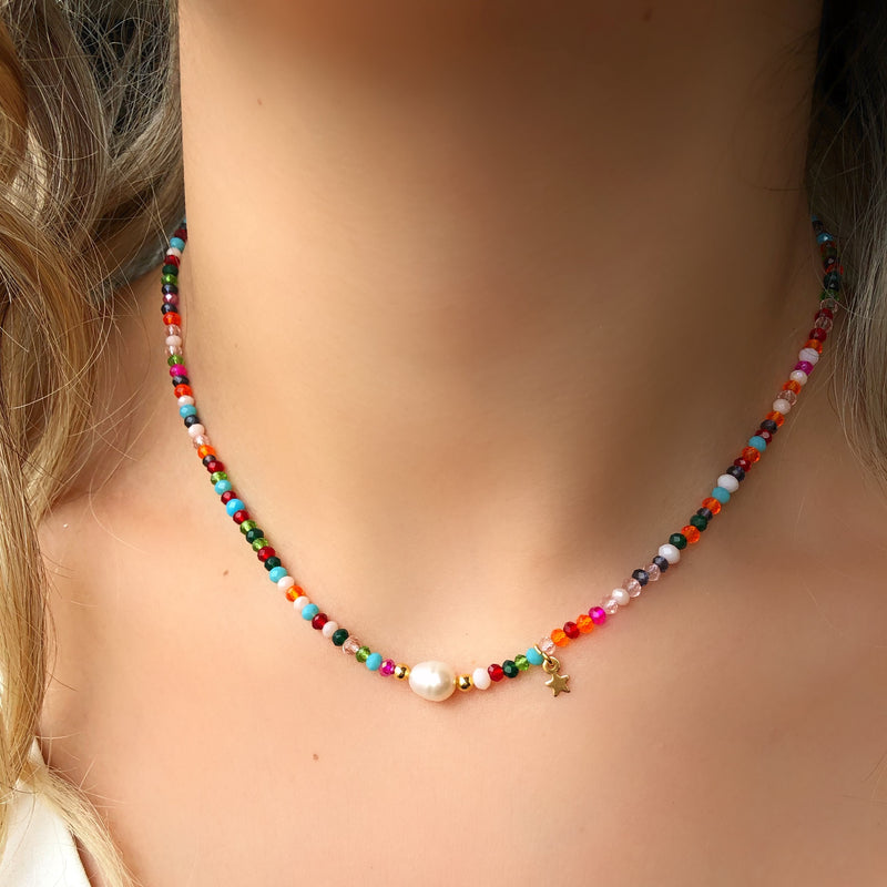 Colar Cristais Coloridos Com Pérola Água Doce E Mini Estrela