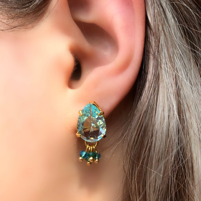 Par De Brincos Oceanic Cor Água Marinha E Mini Cristais Tons Verdes