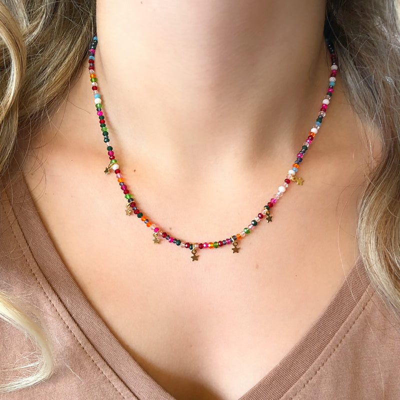 Colar Cristais Coloridos Com Mini Estrelas