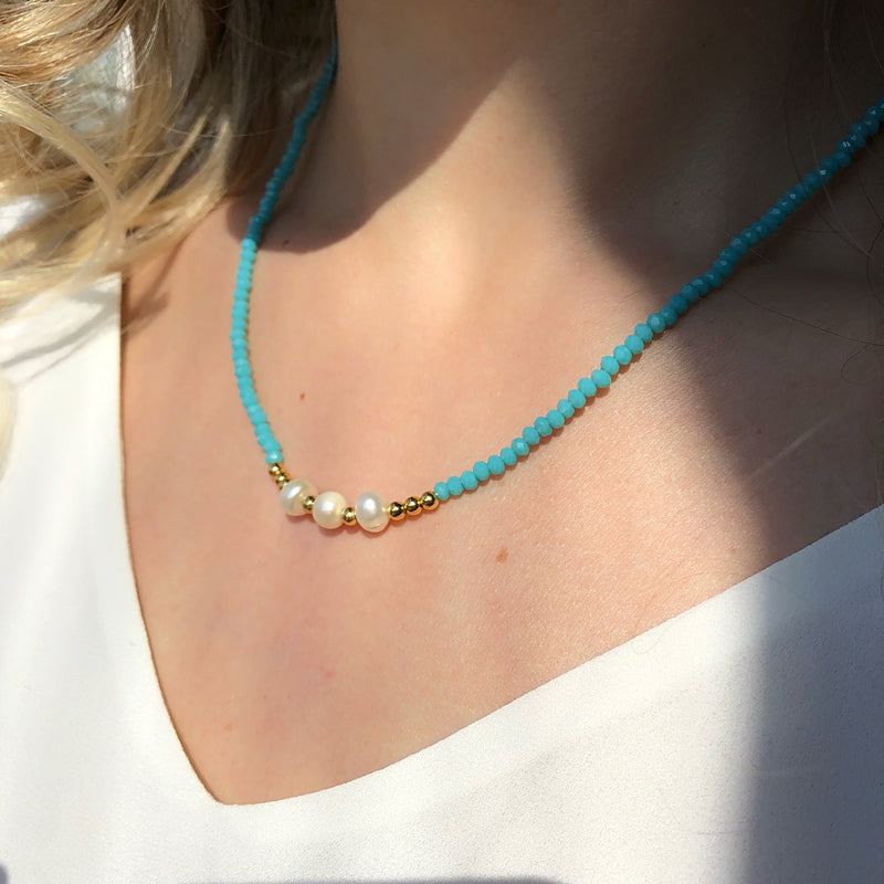 Colar Cristais Azul Turquesa Com Pérolas Água Doce E Bolinhas