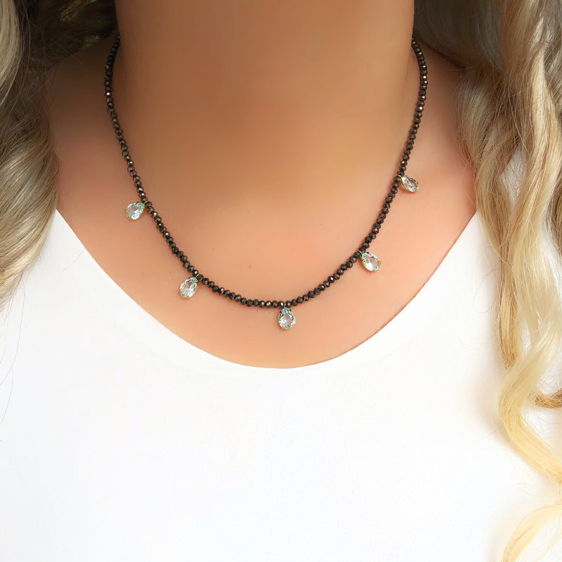 Colar Cristais Grafite Com Gotas Cristal Cor Água Marinha