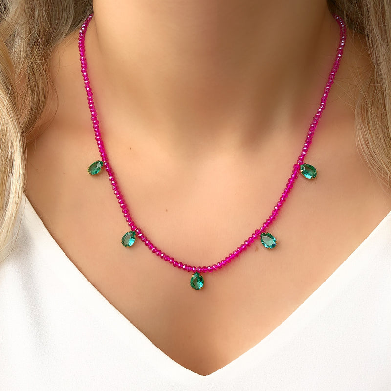 Colar Cristais Cor Pink Com Gotas De Cristais Lapidados Cor Turmalina Paraíba