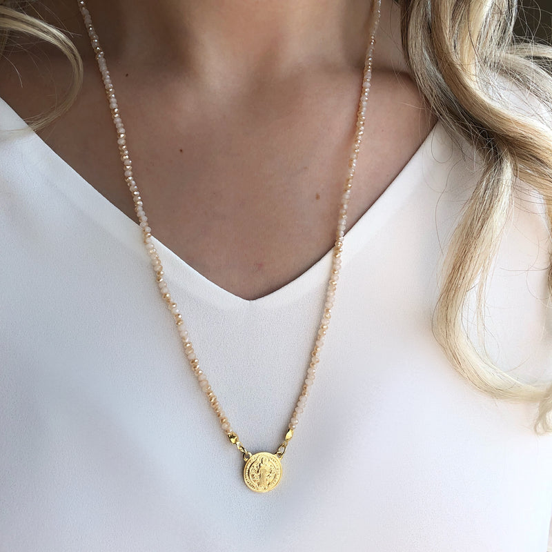 Escapulário Medalha São Bento Cristais Perolado 70cm