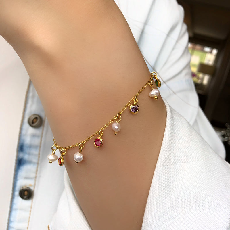 Pulseira Corrente Com Mini Zircônias Coloridas E Pérolas Naturais De Água doce 16cm