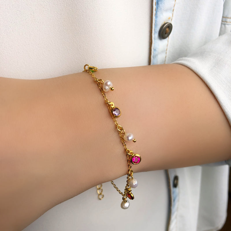 Pulseira Corrente Com Mini Zircônias Coloridas E Pérolas Naturais De Água doce 16cm