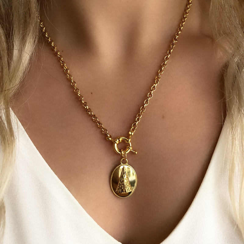 Colar Corrente Mini Portuguesa Com Medalha Oval Nossa Senhora Aparecida