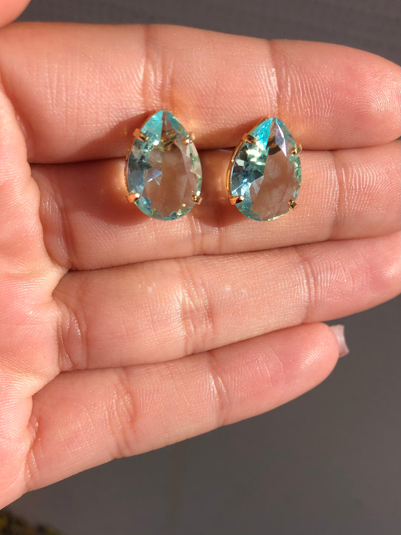 Par De Brincos Gota Cristal Lapidado Cor Água Marinha