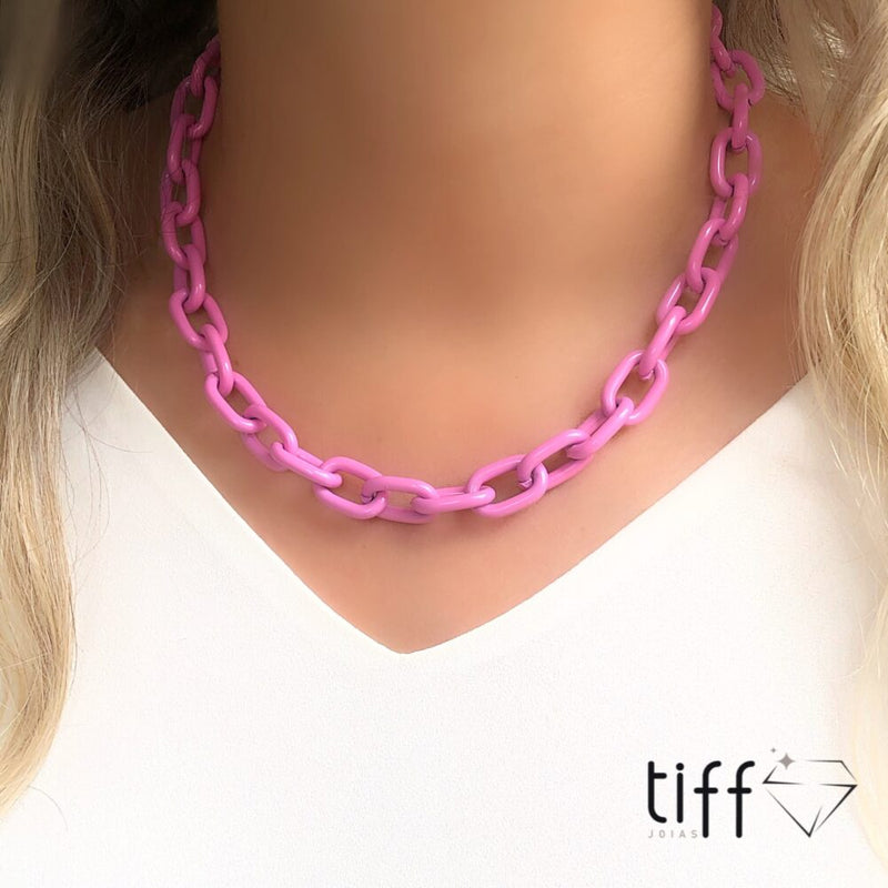 Colar em banho ouro 18k elos ovais esmaltados rosa