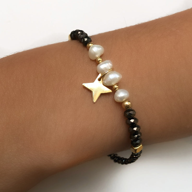 Pulseira Cristais Grafite Com Pérolas Água Doce E Estrela