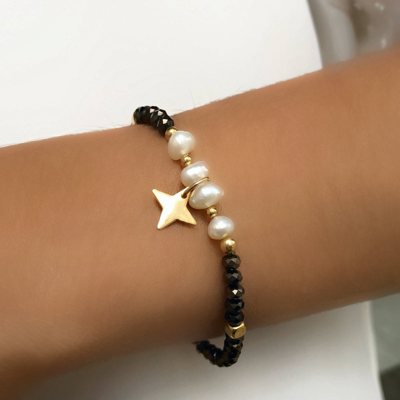 Pulseira Cristais Grafite Com Pérolas Água Doce E Estrela