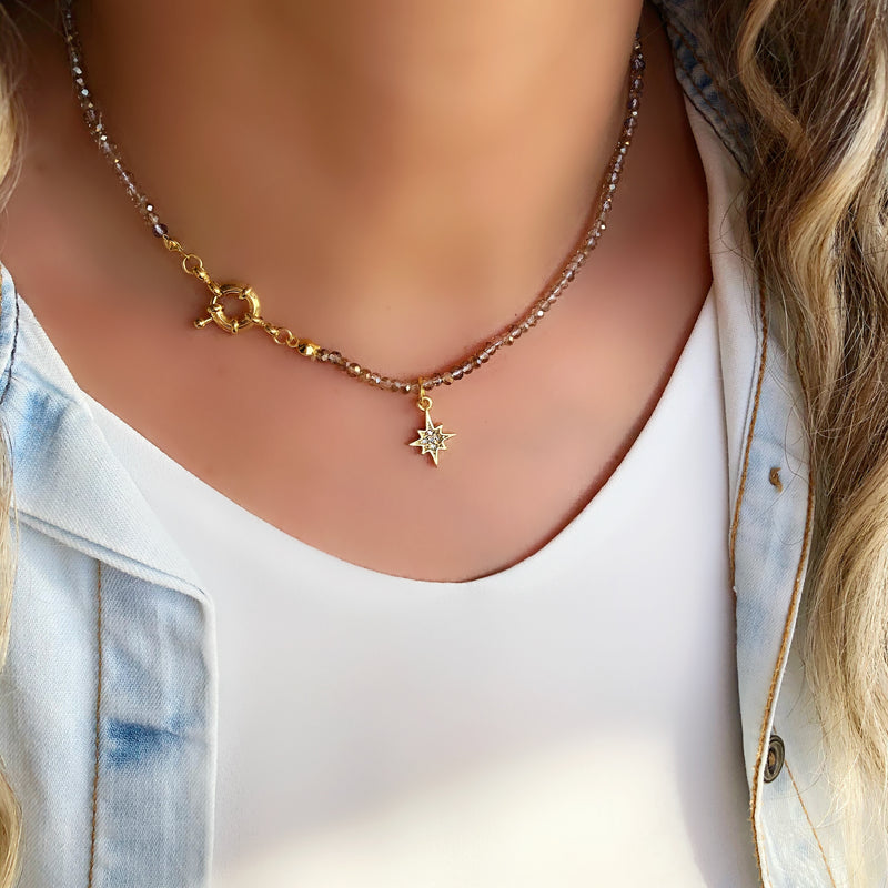 Colar Cristais Avelã, Fecho Bóia E Estrela Cravejada Com Micro Zircônias